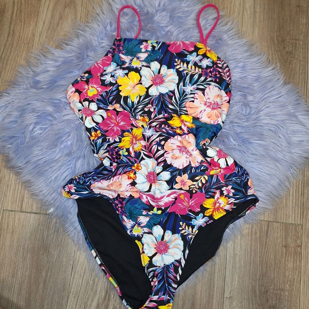 Decree Women's Floral One Piece Backless Swimsuit Large